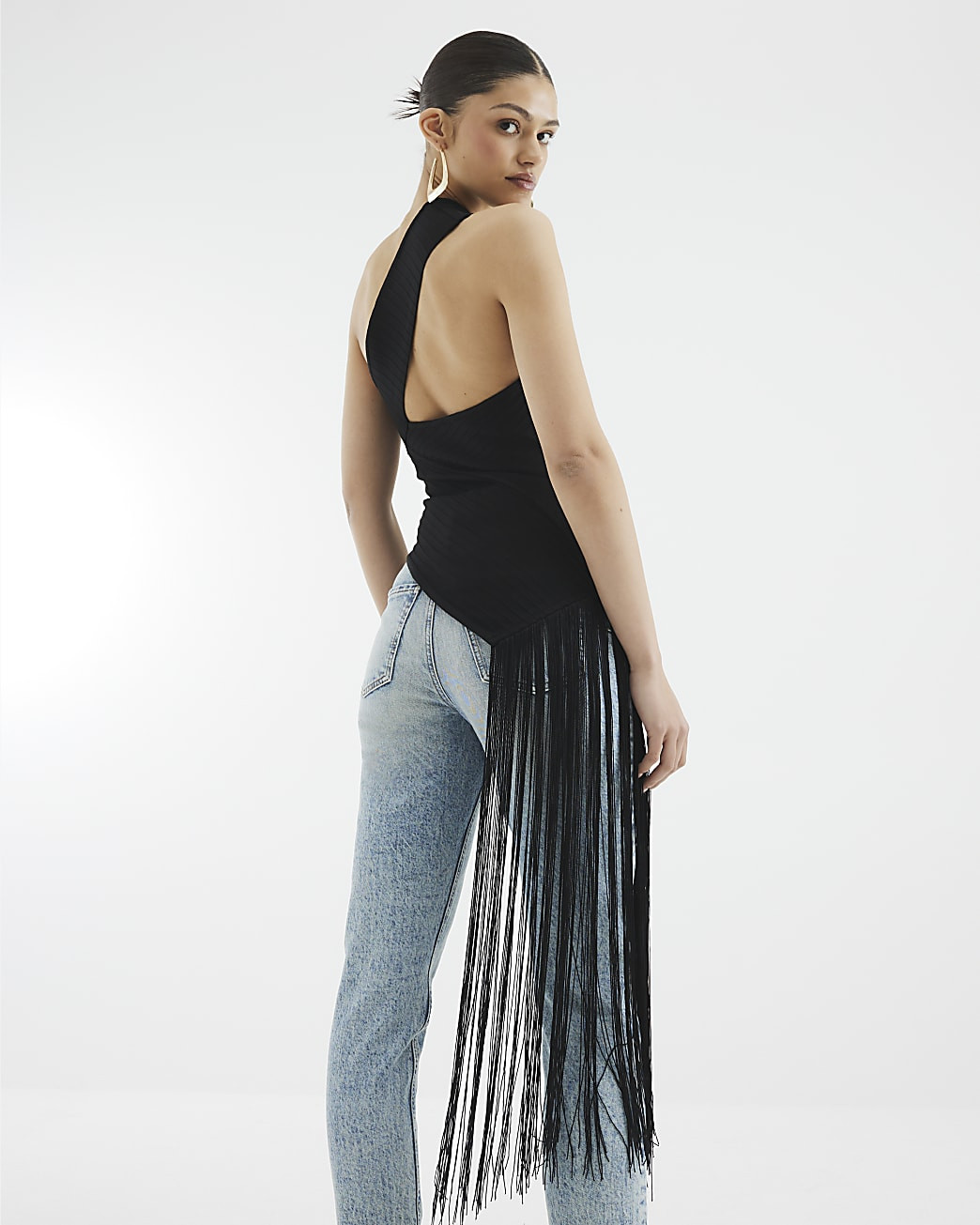 Black Asymmetric Fringe Hem Bandage Top | River Island UK & IE