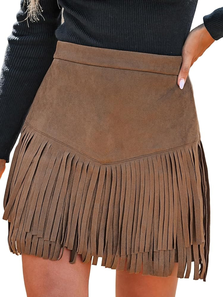 CUPSHE Women Fringe Skirts Western Cowgirl Terra Cotta High Waist Mini Skirt Suede Tassel Short C... | Amazon (US)