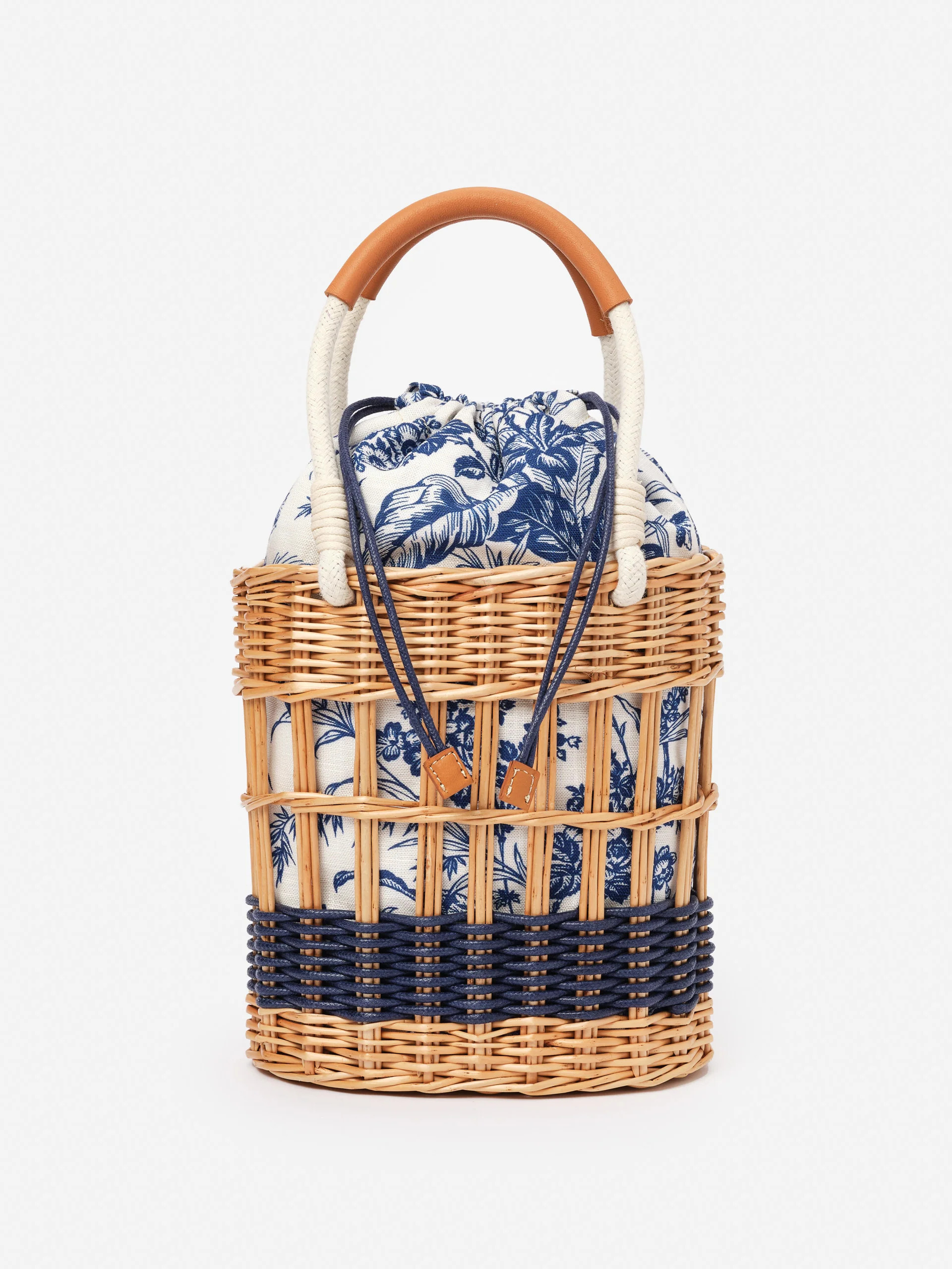 J.McLaughlin Women's Caryl Wicker Handbag in Giardino Toile Natural/Navy | Cotton/Leather | J.McLaughlin