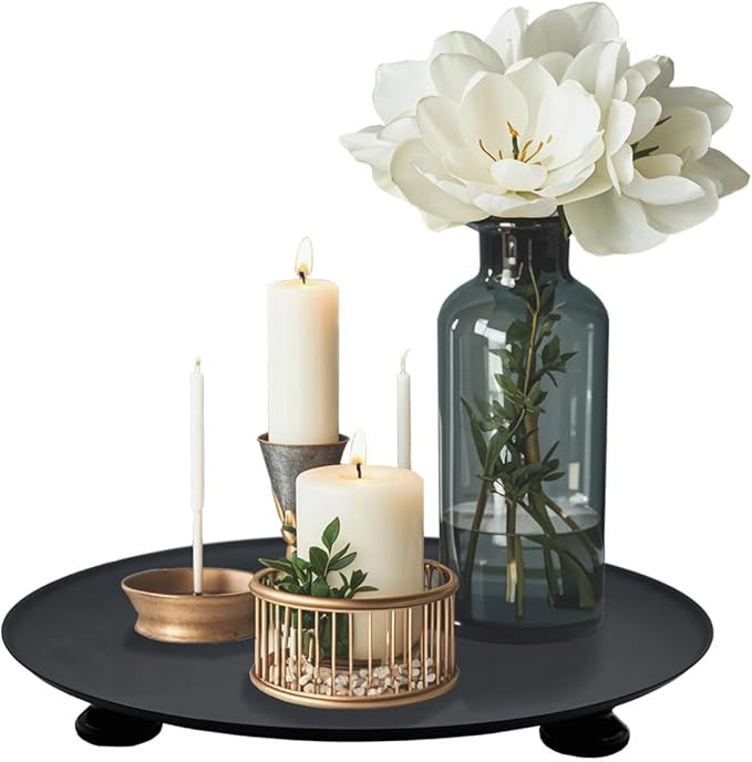 11 inches Black Round Metal Candlestick Tray, Wood Foot Decorative Serving Tray, Perfume and Cand... | Amazon (US)