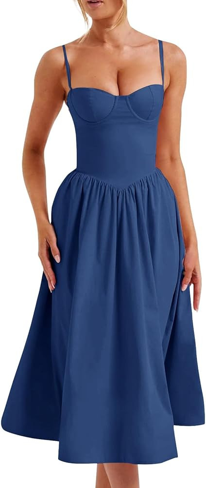 Sleeveless Corset Dress for Women 2024 Elegant Spaghetti Strap Midi Dress Flowy Pleated Hem Low C... | Amazon (US)