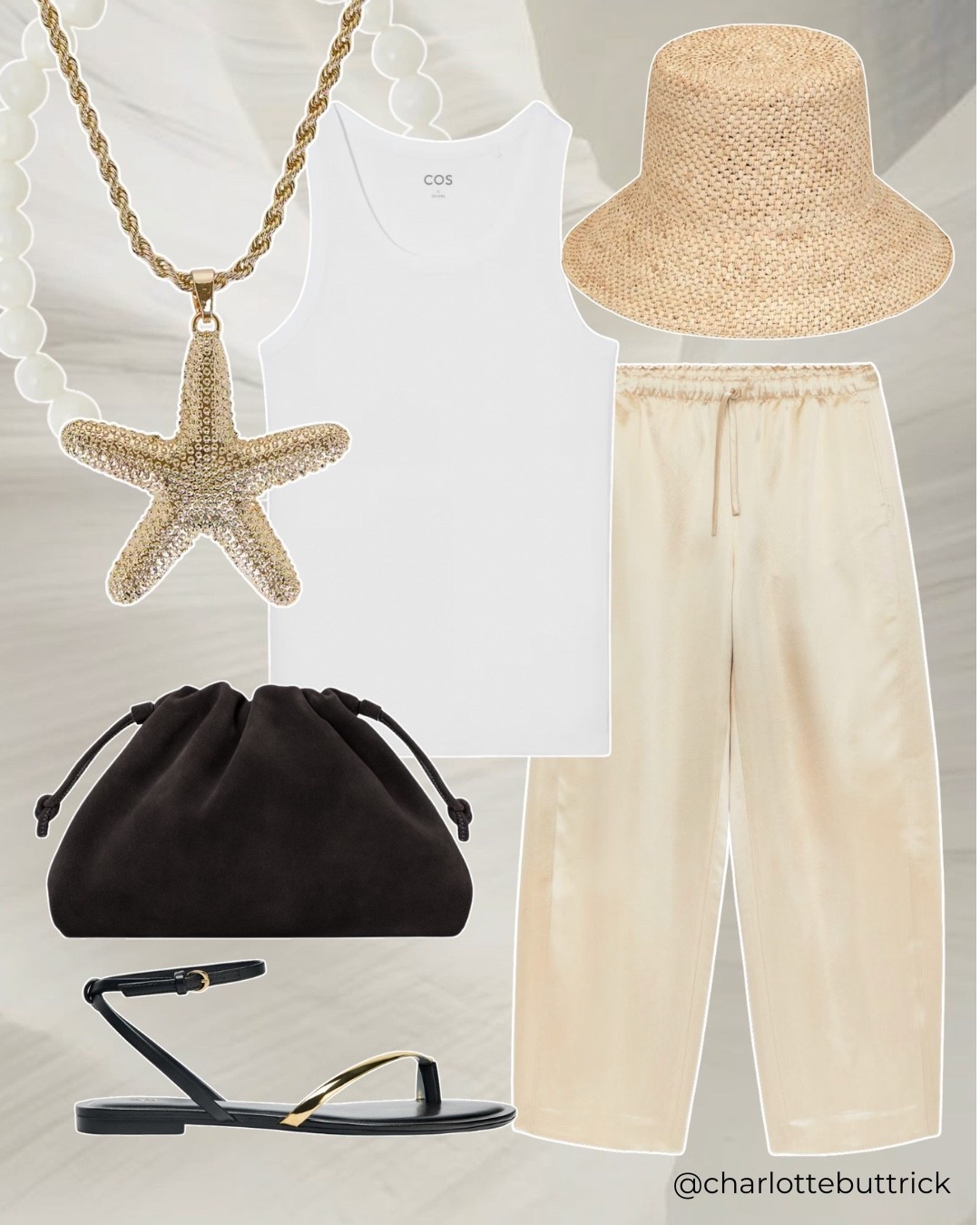 Holiday outfit - summer outfit - silk trousers - sandals - starfish necklace - straw bucket hat  - Zara - Arket - lack of colour 

#LTKsummer #LTKuk #LTKeurope