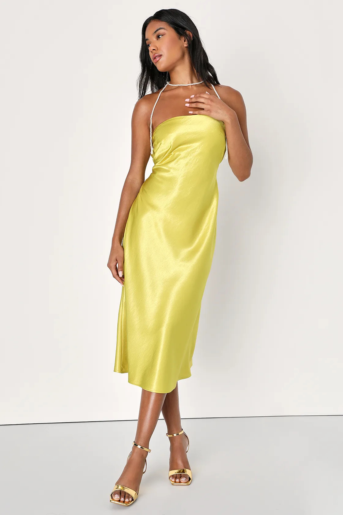 Idyllic Nights Charteuse Satin Strapless Cowl Back Midi Dress | Lulus (US)