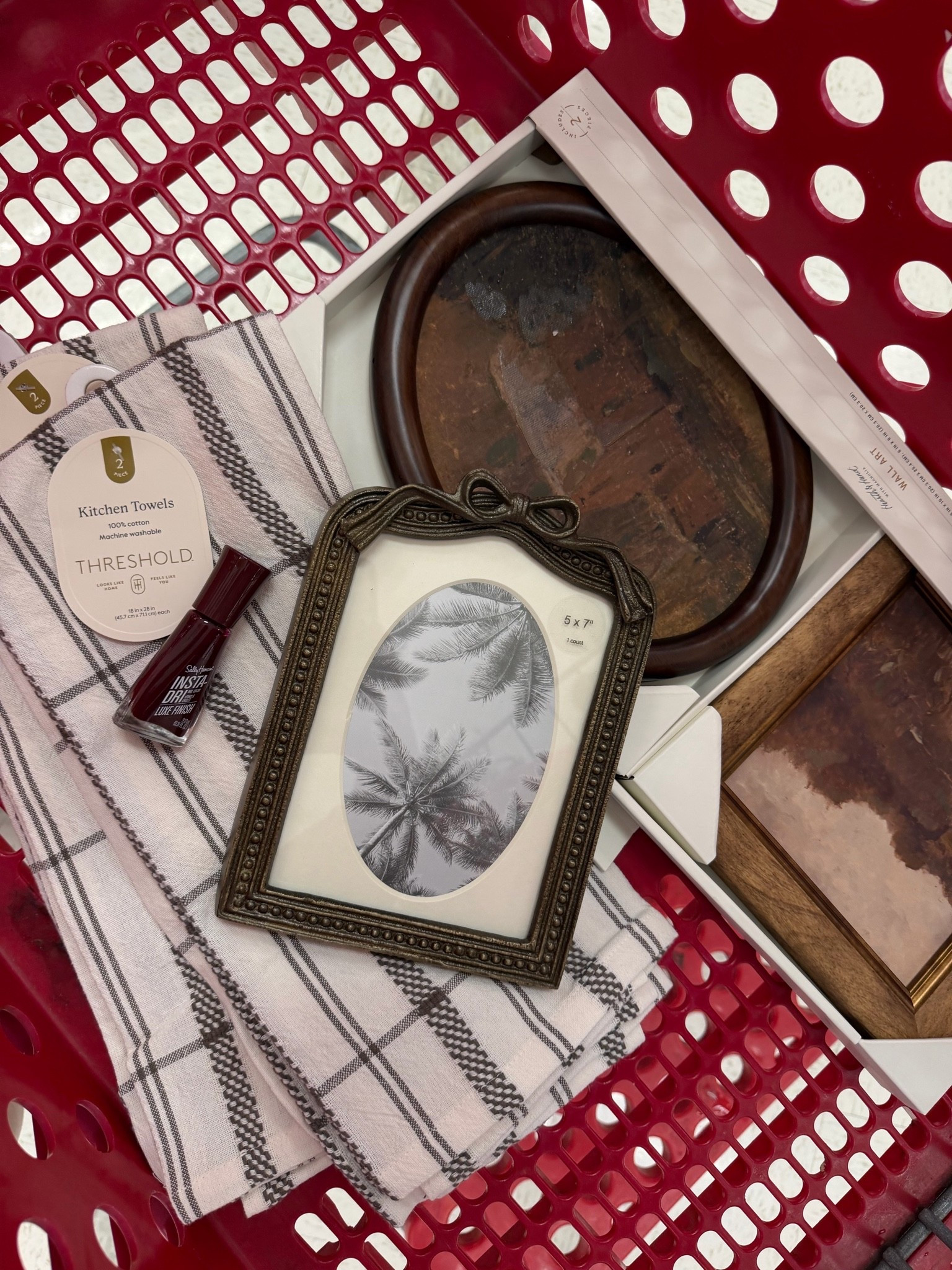 grabbed these vintage-look wall art, a bow frame i couldn't leave behind (this exact one is out of stock on line but grab it if you see it in store. Linked similar) 

Needed some simple kitchen towels, and the deep berry nail color I’ve been wearing.