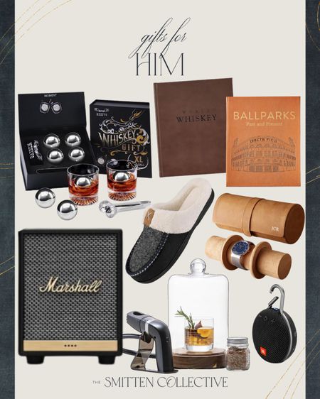Gifts for him include speaker, ballparks leather bound book, leather watch roll, whiskey book, slippers, small speaker, mini cloche, and whiskey balls.

Gift guide, gifts for him, gifts for husband, gifts for dad, Christmas gifts 

#LTKfindsunder100 #LTKHoliday #LTKGiftGuide