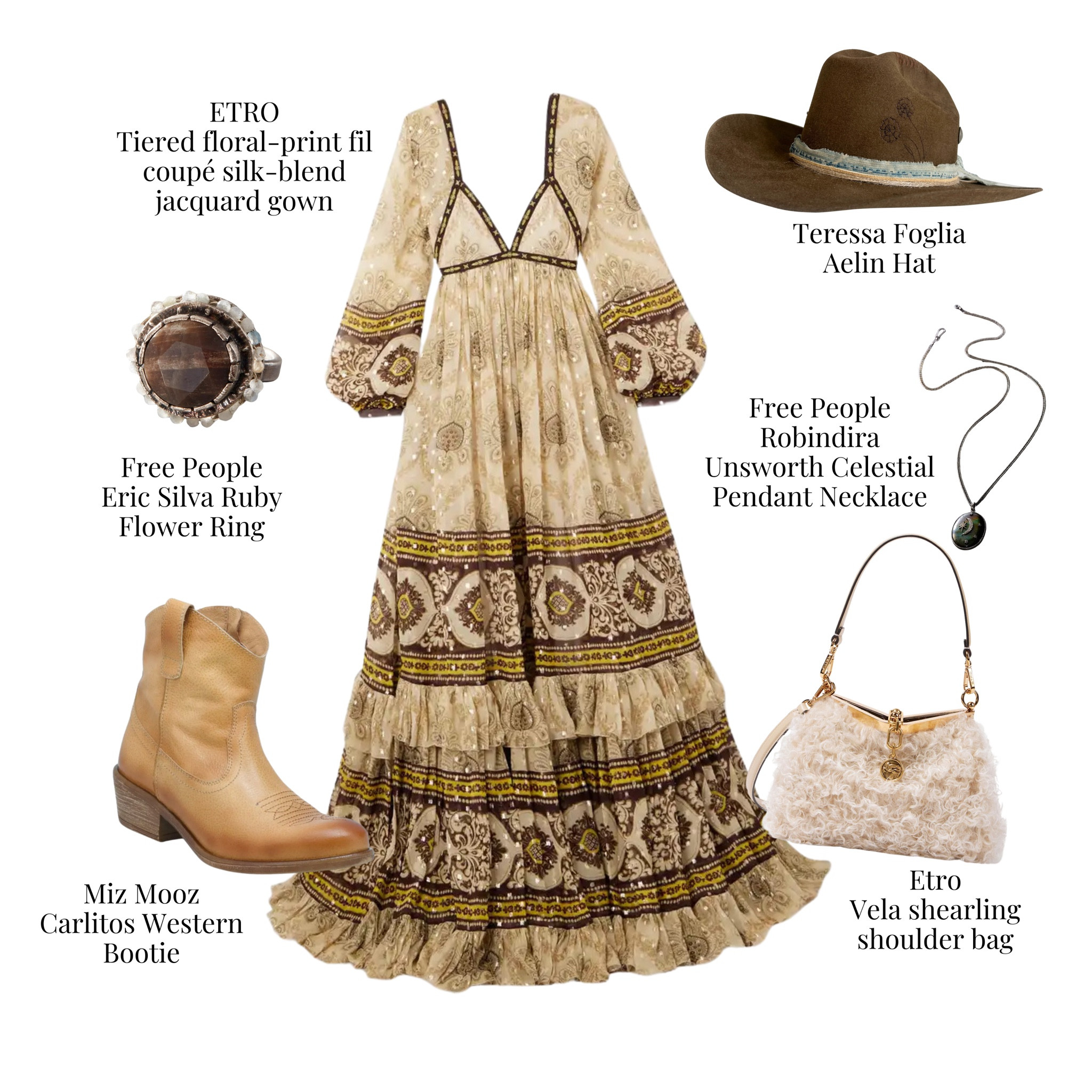 Layers of boho elegance with a touch of western charm.  This floral silk gown paired with shearling and booties is the perfect blend of free-spirited and luxe. 
#BohoChic #ETRO #FloralElegance #WesternTwist #BohemianLuxury #MizMooz #EffortlessGlam #StyleWithSoul #ModernBoho #ChicLayers



#LTKShoeCrush #LTKStyleTip #LTKItBag