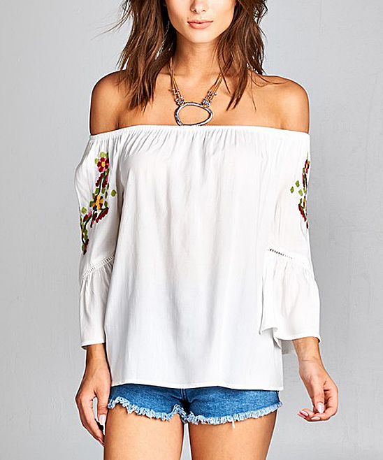 Simply Boho LA Women's Blouses WHITE - White Floral Bell-Sleeve Off-Shoulder Top - Women | Zulily
