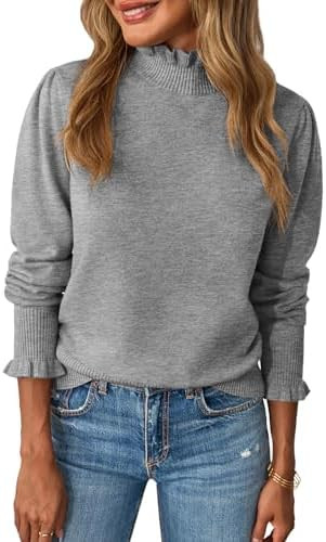 Saodimallsu Womens Ruffle Mock Neck Sweater Puff Long Sleeve Fall Soft Knit Casual Pullover Sweat... | Amazon (US)