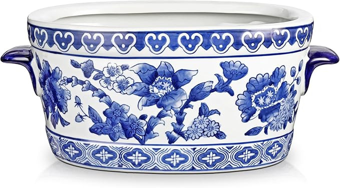 Blue and White Ceramic Planter Pot – Vintage Floral Oval Cachepot Vase for Indoor Plants, Flowe... | Amazon (US)