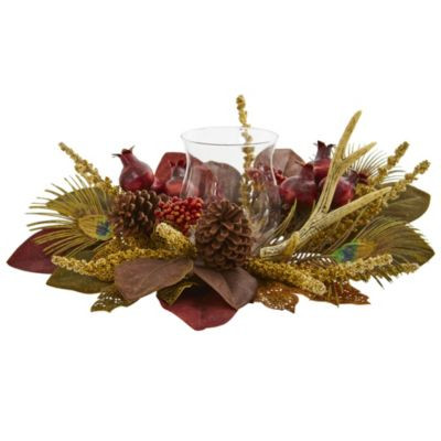 Magnolia, Berry, Antler and Peacock Feather Artificial Candelabrum Arrangement | Macy's