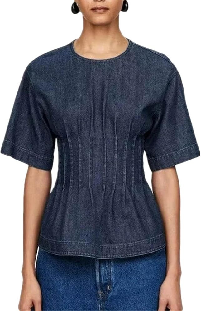 Women Round Neck Short Sleeve Washed Distressed Denim Pullover Tops | Amazon (US)