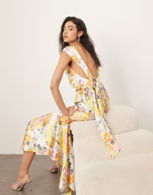 ARRANGE square cut slip midi dress with back trim detail in distorted floral print | ASOS (Global)