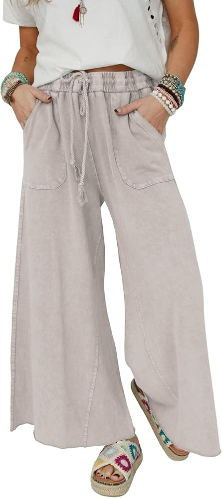 Athlisan Womens Wide Leg Sweatpants Acid Wash Drawstring Waist Cropped Pants Casual Baggy Palazzo... | Amazon (US)