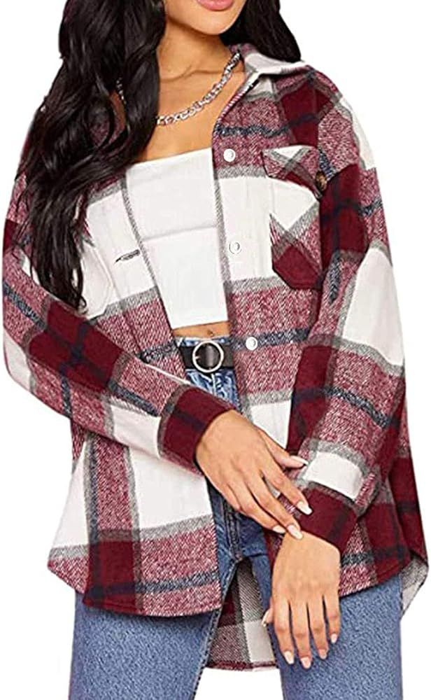 Womens Brushed Flannel Plaid Lapel Button Short Pocketed Shacket Shirts Coats | Amazon (US)