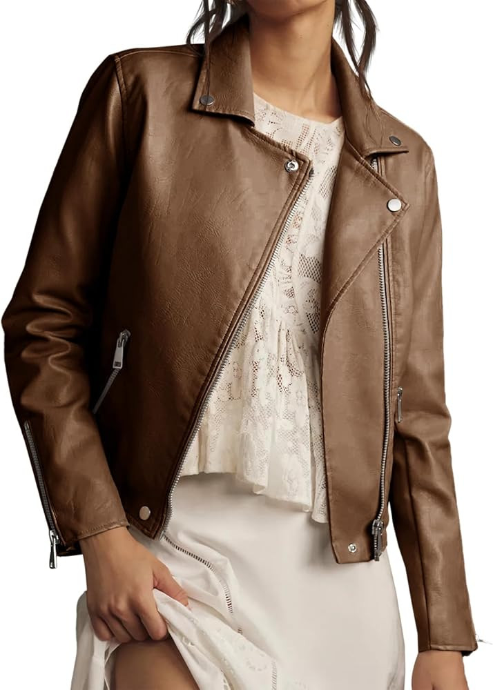 Tankaneo Womens Faux Leather Jackets Cropped Bomber Trendy Zip Up Motorcycle Biker Coat | Amazon (US)