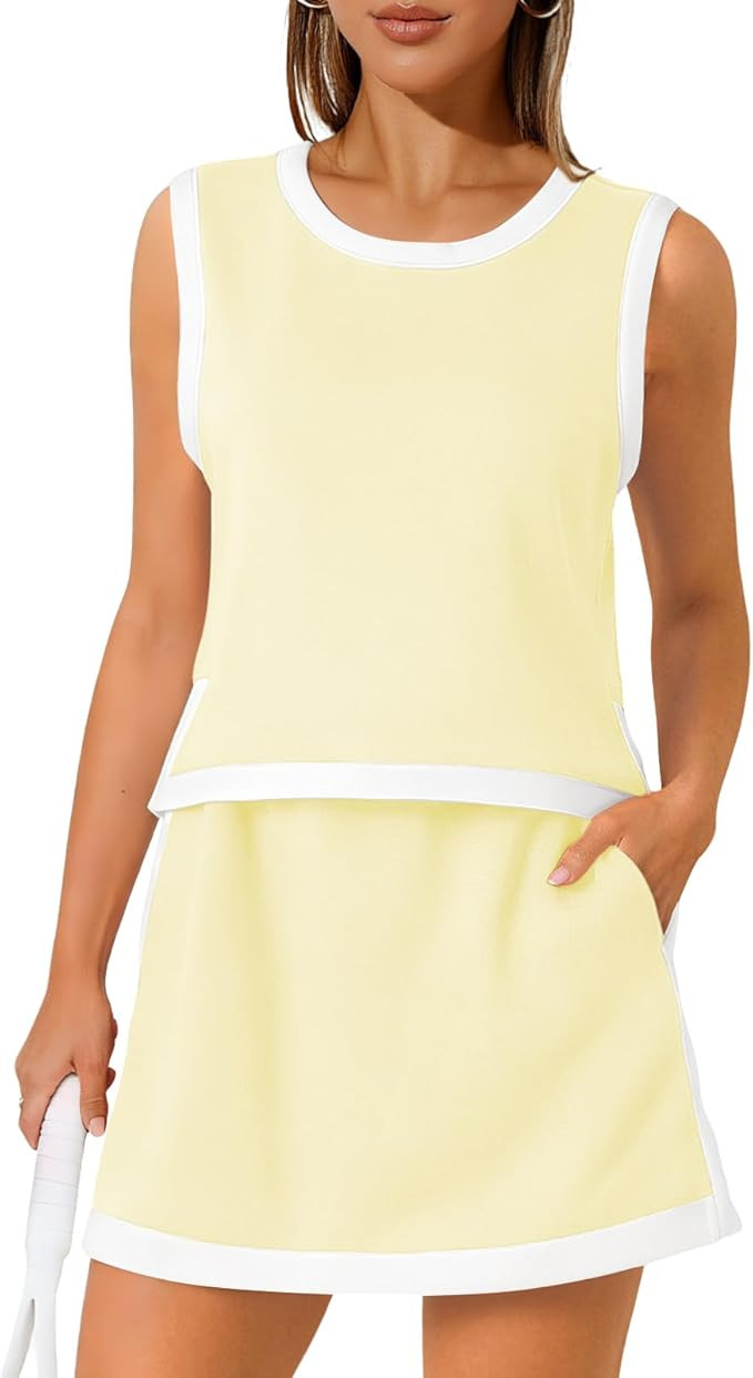 Women's Summer Two Piece Skirt Set Built in Shorts With Pocket Sleeveless Crew Neck Top Tracksuit... | Amazon (US)