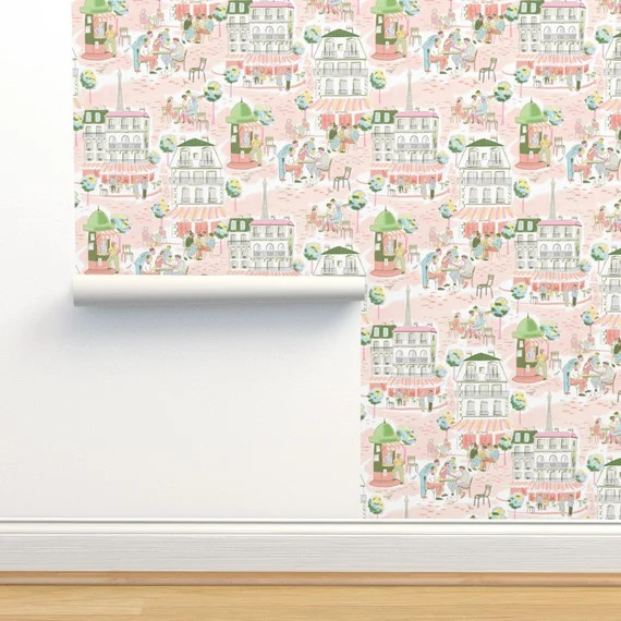 Cafe Wallpaper  Pastel French Cafe by Vinpauld  Pink Green - Etsy | Etsy (US)