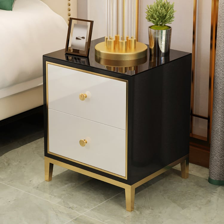 Modern Black & White MDF Nightstand with 2 Drawers and Stainless Steel Leg | Homary