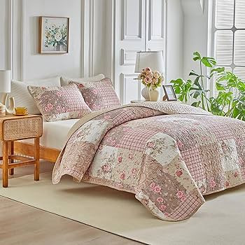 Joyreap Floral Cotton Quilt Set, Farmhouse Flowers Grid Patchwork Design, 3 Pieces Queen Size Qui... | Amazon (US)