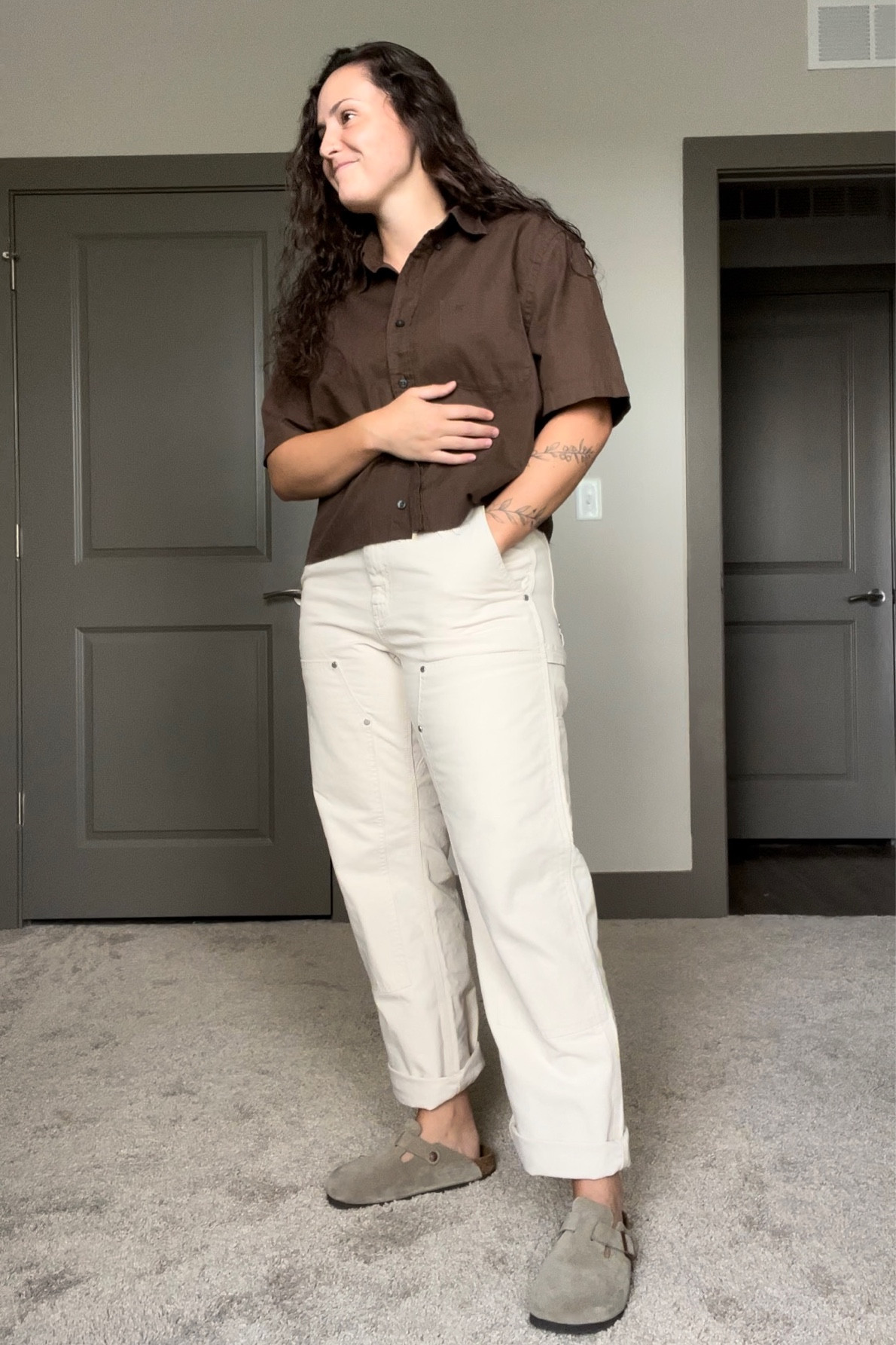 OOTD 😌 
• top is mens dockers button up - size L (cropped 5inches)
• pants are mens banana republic giano carpenter pants - size 32x30
• shoes are birkenstock bostons in the color taupe 

#LTKworkwear #LTKunder100 #LTKSeasonal