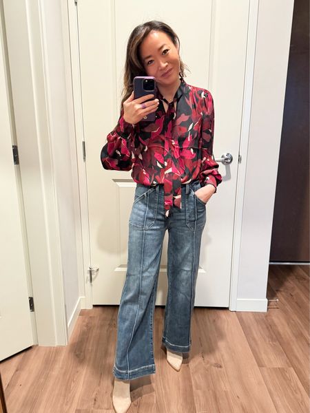 Cute work top! Work outfit if you’re in office and can wear denim! These trouser flares are so cute. Great stretch to them. TTS in everything .

#LTKfindsunder100 #LTKover40 #LTKworkwear