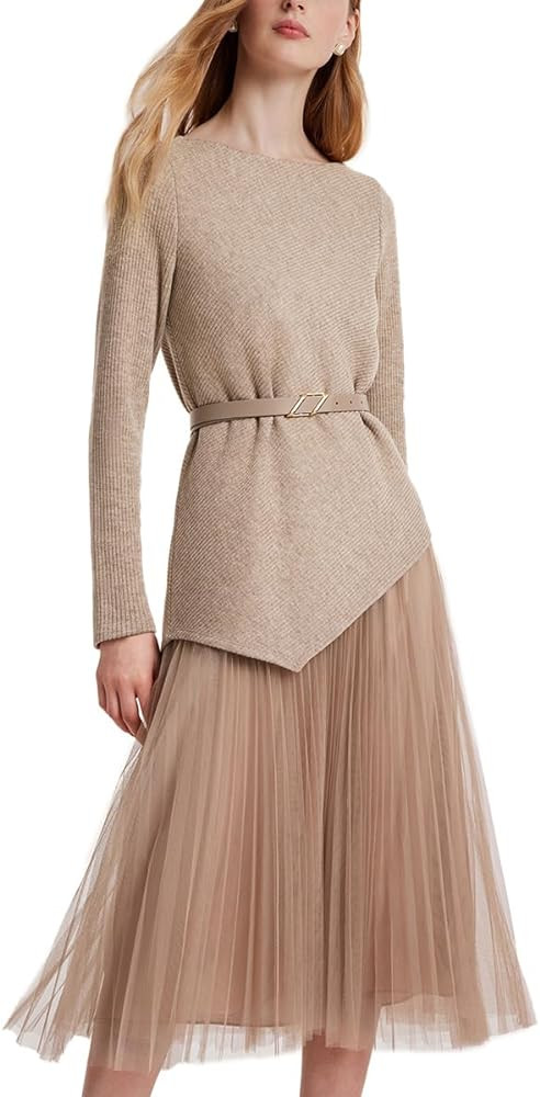 GOELIA Women's 2 Piece Outfits Long Sleeve Pullover Top & Tulle Skirt Set with Belt Matching Sets... | Amazon (US)