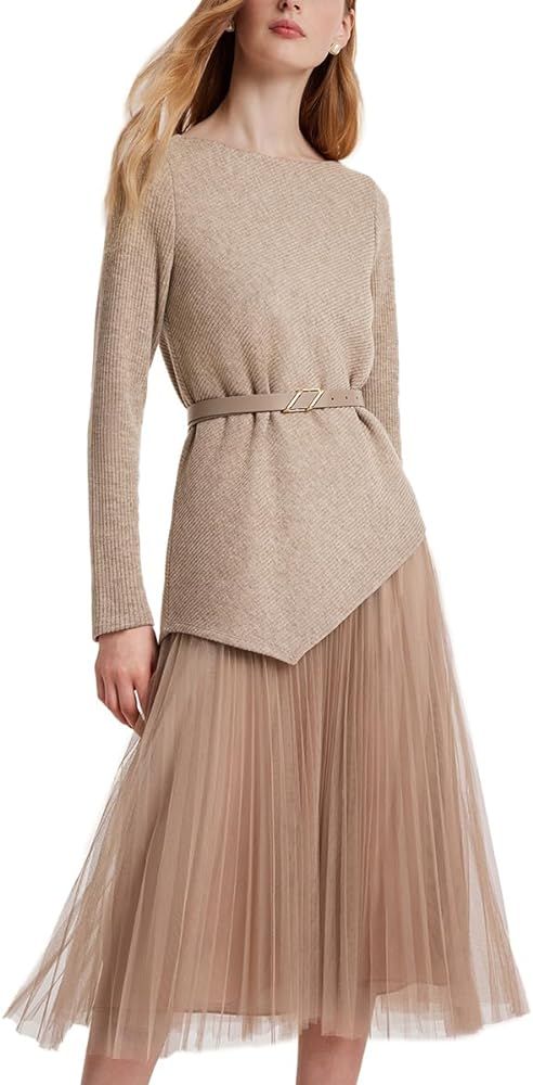 Outfits Women Trendy 2023 Long Sleeve Pullover Top and Tulle Skirt Set with Belt | Amazon (US)