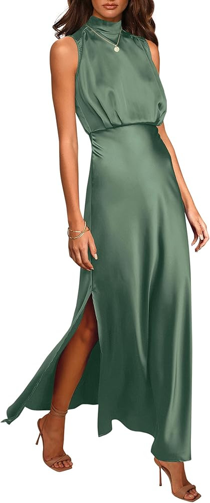 PRETTYGARDEN Women's Long Formal Satin Dress Mock Neck Sleeveless Side Slit Flowy Maxi Tank Dress... | Amazon (US)