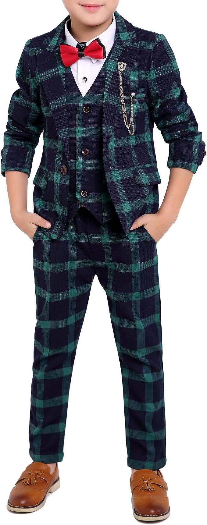 YUFAN Boys Black Red Green 3 Colors Plaid Suit 3 Pieces Jacket Vest Pants Size 2T - 10 | Amazon (US)