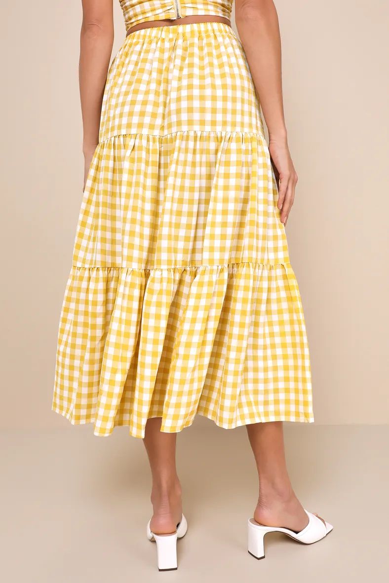 Completely Endearing Yellow Gingham Tiered Midi Skirt | Lulus