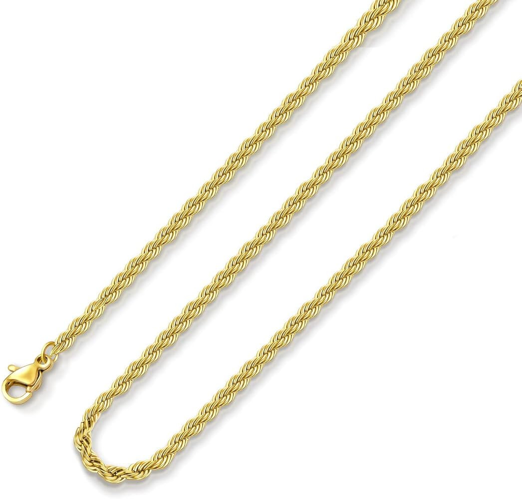 18k Real Gold Plated Rope Chain 1.5mm 2.5mm 5mm Stainless Steel Twist Chain Necklace for Men Wome... | Amazon (US)