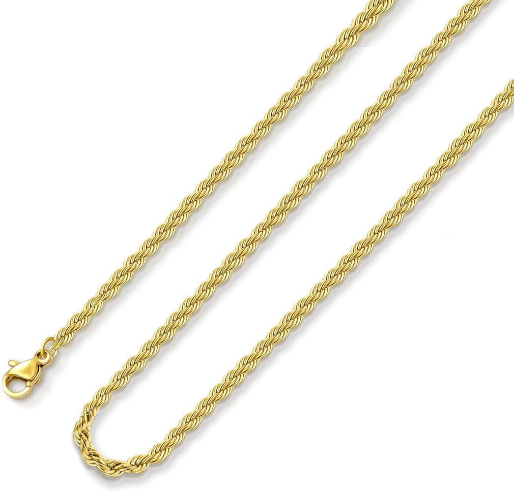 18k Real Gold Plated Rope Chain 1.5mm 2.5mm 5mm Stainless Steel Twist Chain Necklace for Men Wome... | Amazon (US)