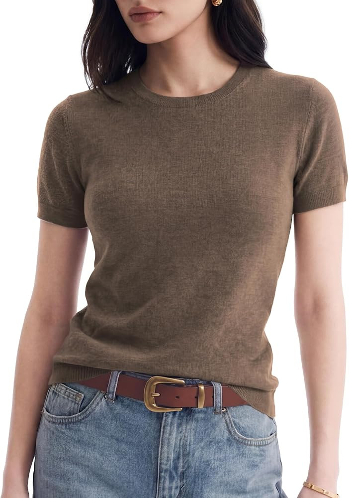 Women's Wool Blend Lightweight Short Sleeve Sweater Crew Neck Pullover Business Summer Tops Grace... | Amazon (US)