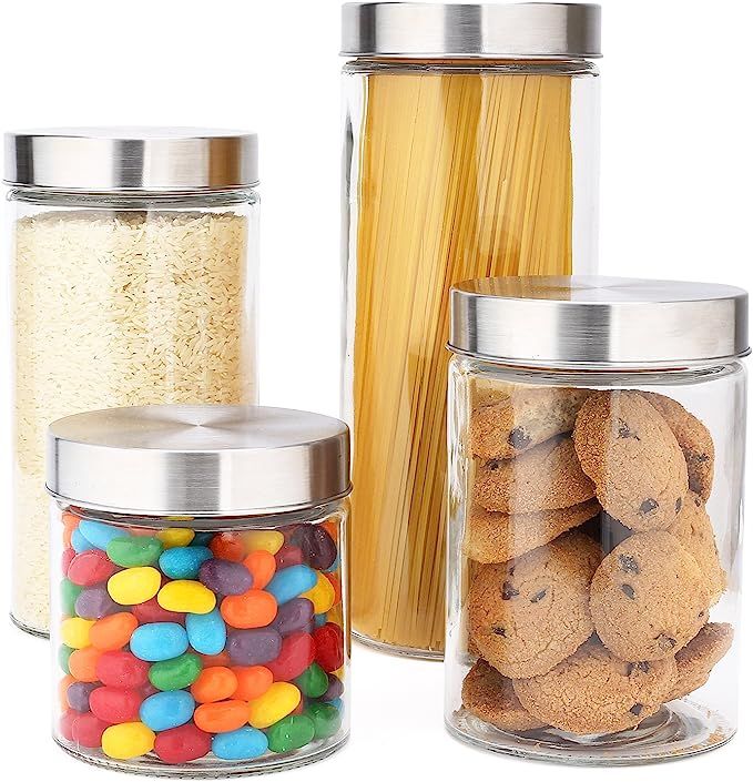 EatNeat 4-Piece Beautiful Glass Kitchen Canister Set with Stainless Steel Lids, Round Dry Food St... | Amazon (US)