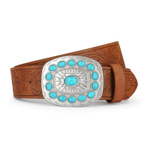 IDUNNVERVE Western Cowgirl Belts for Women – Brown Leather Belt for Jeans with Vintage Country Cowboy Turquoise Buckle | Amazon (US)