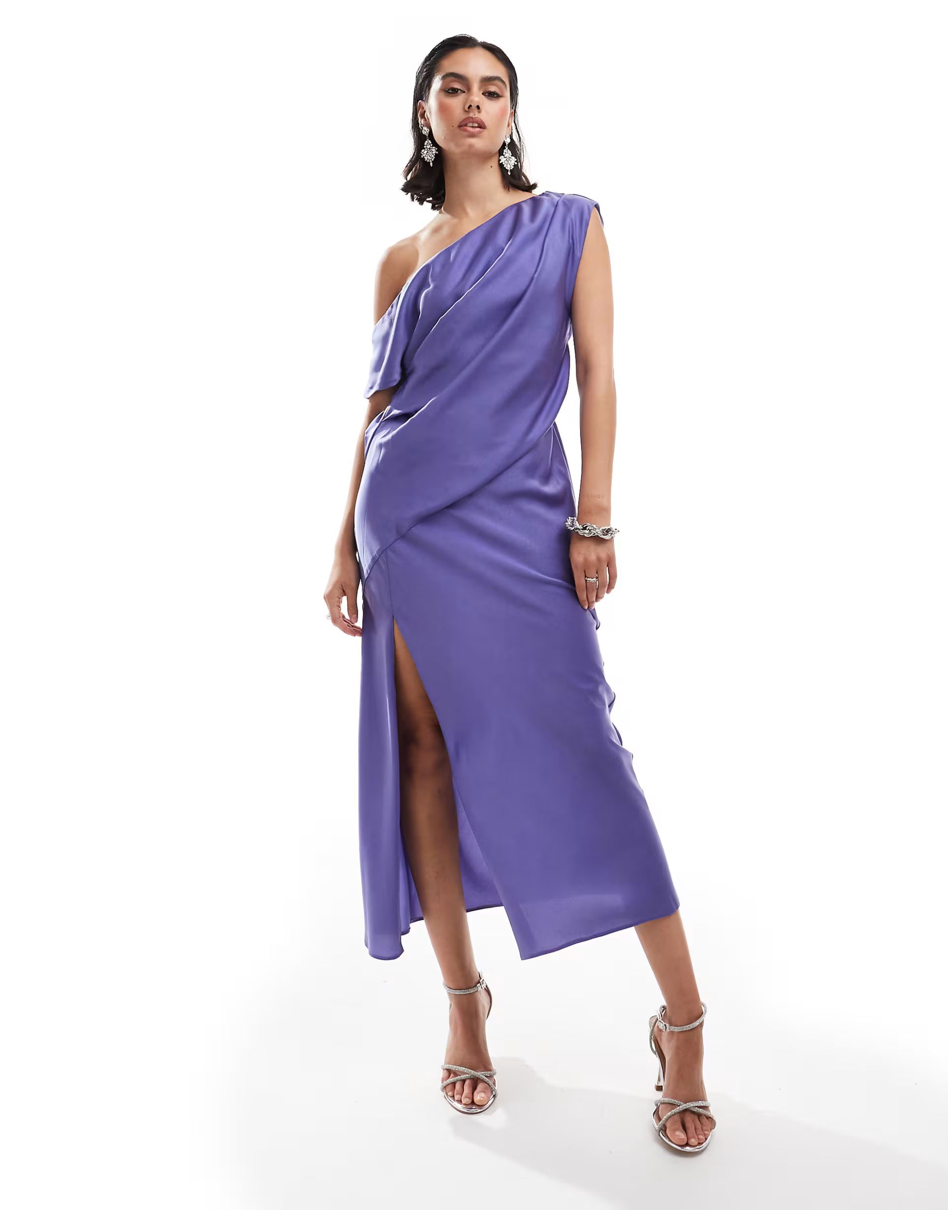 ASOS DESIGN satin off shoulder draped midi dress with split in blue | ASOS (Global)