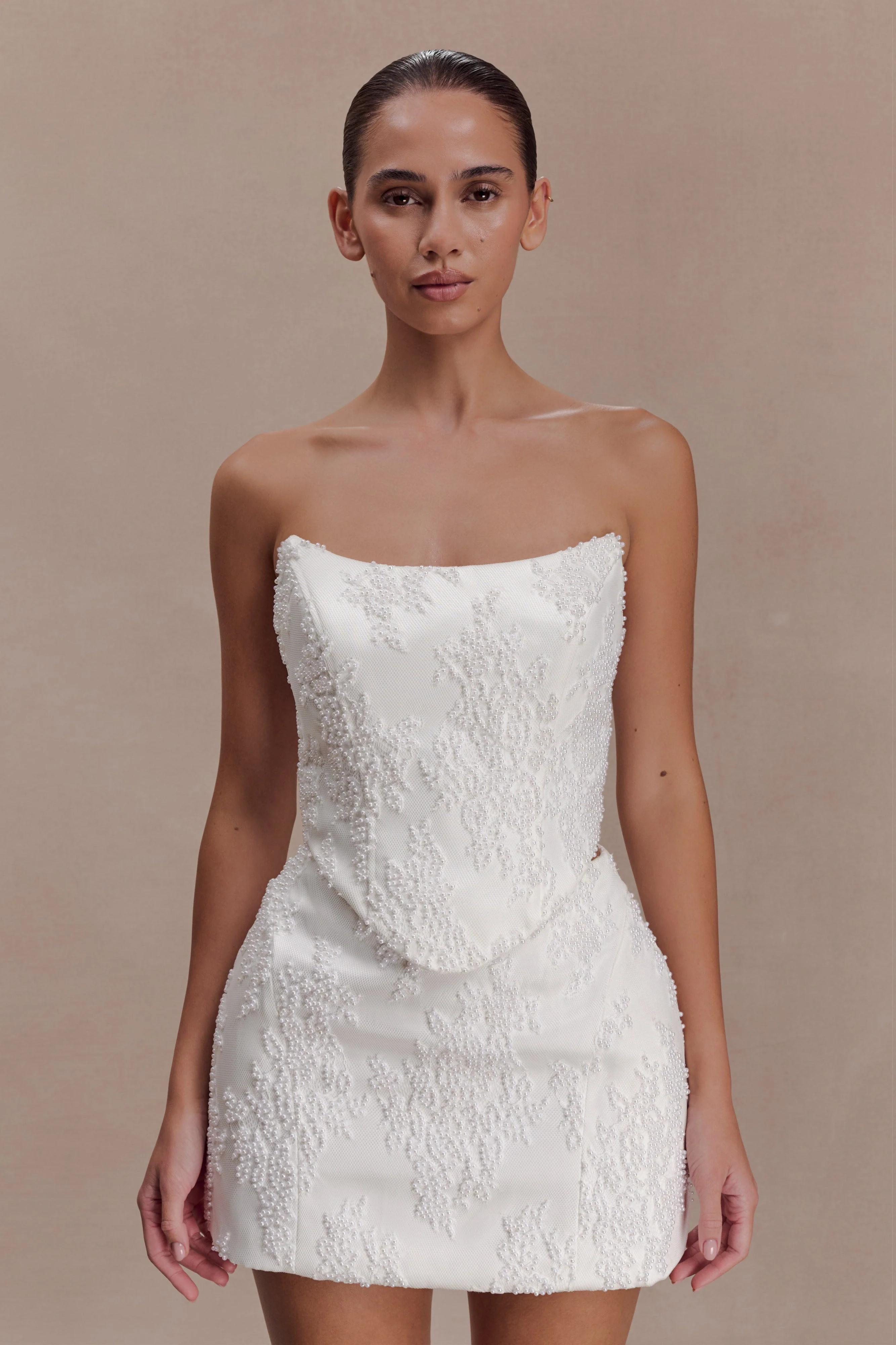 Beaded Satin And Lace Corset Top - Ivory | MESHKI US