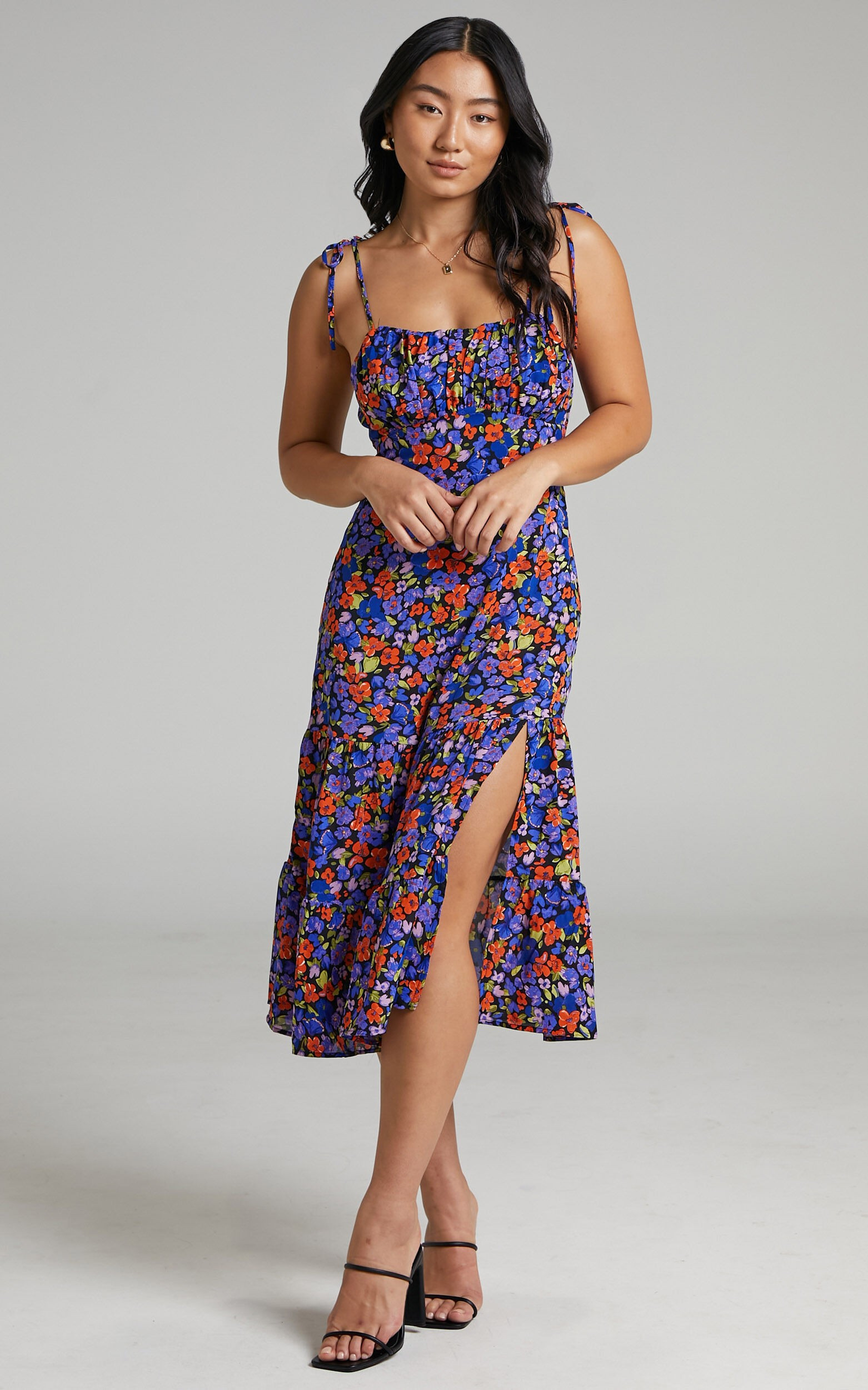 Eithna Ruched Bust Strappy Midi Dress in Dark Floral | Showpo | Showpo - deactived