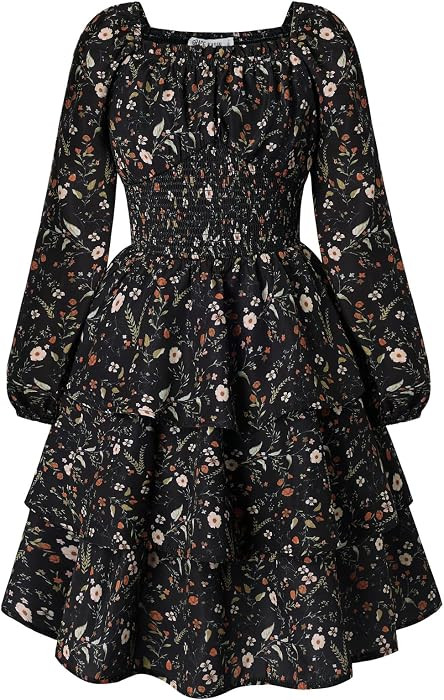 GRACE KARIN Girls Fall Long Sleeve Floral Christmas Cute Shirred Dress 7-16 | Amazon (US)