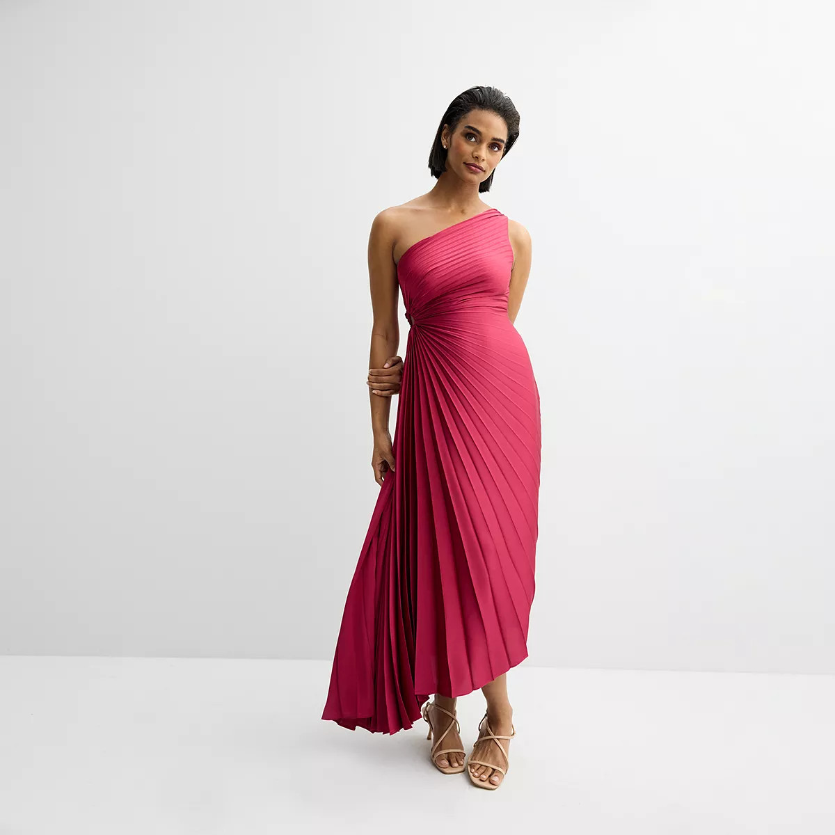 Women's Nicole Miller One Shoulder Pleated Asymmetrical Hem Midi Dress | Kohl's