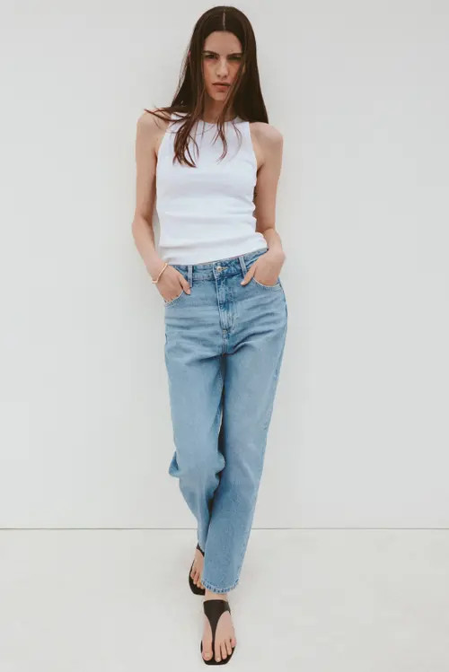 H&M Mom Slim-fit High-waist Ankle Jeans in Light Denim Blue at Nordstrom, Size 22 | Nordstrom