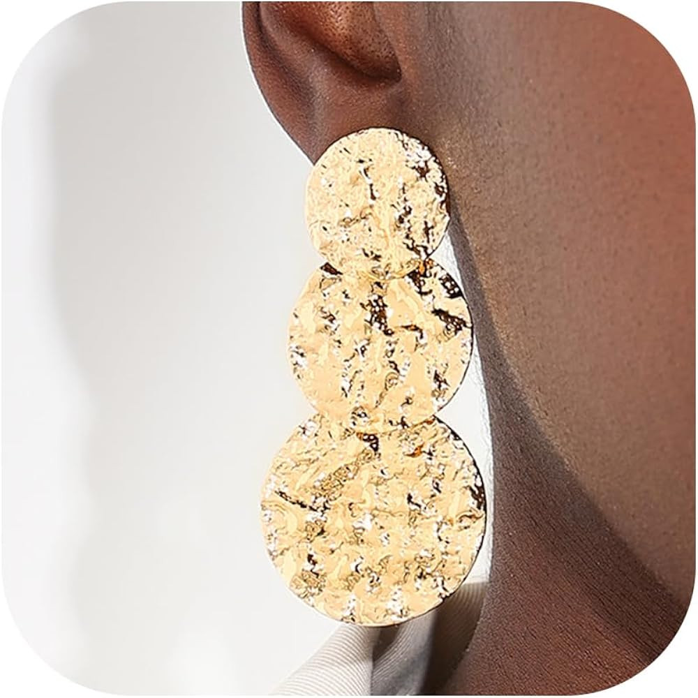 Gold Chunky Disc Dangle Earrings for Women Boho Large Texture Hammered Round Disc Drop Earrings G... | Amazon (US)