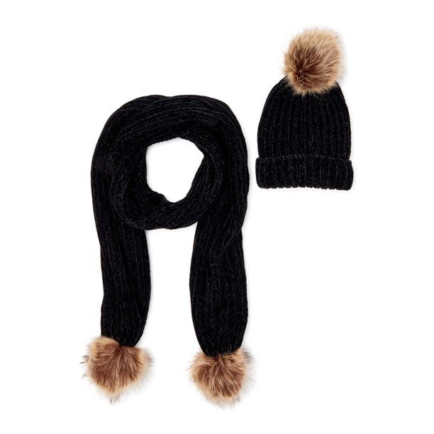Time and Tru Rib Chenille Beanie with Faux Fur Pom & Rib Chenille Oblong with Faux Fur Poms Set, ... | Walmart (US)
