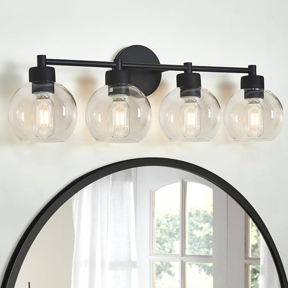 Bathroom Light Fixtures, Matte Black Vanity Light 4 Light, Bathroom Lights Over Mirror with Globe... | Amazon (US)