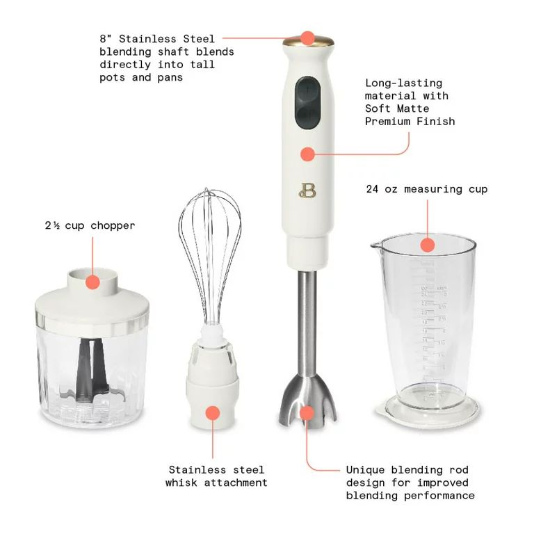 Beautiful 2-Speed Immersion Blender with Chopper & Measuring Cup, White Icing by Drew Barrymore | Walmart (US)