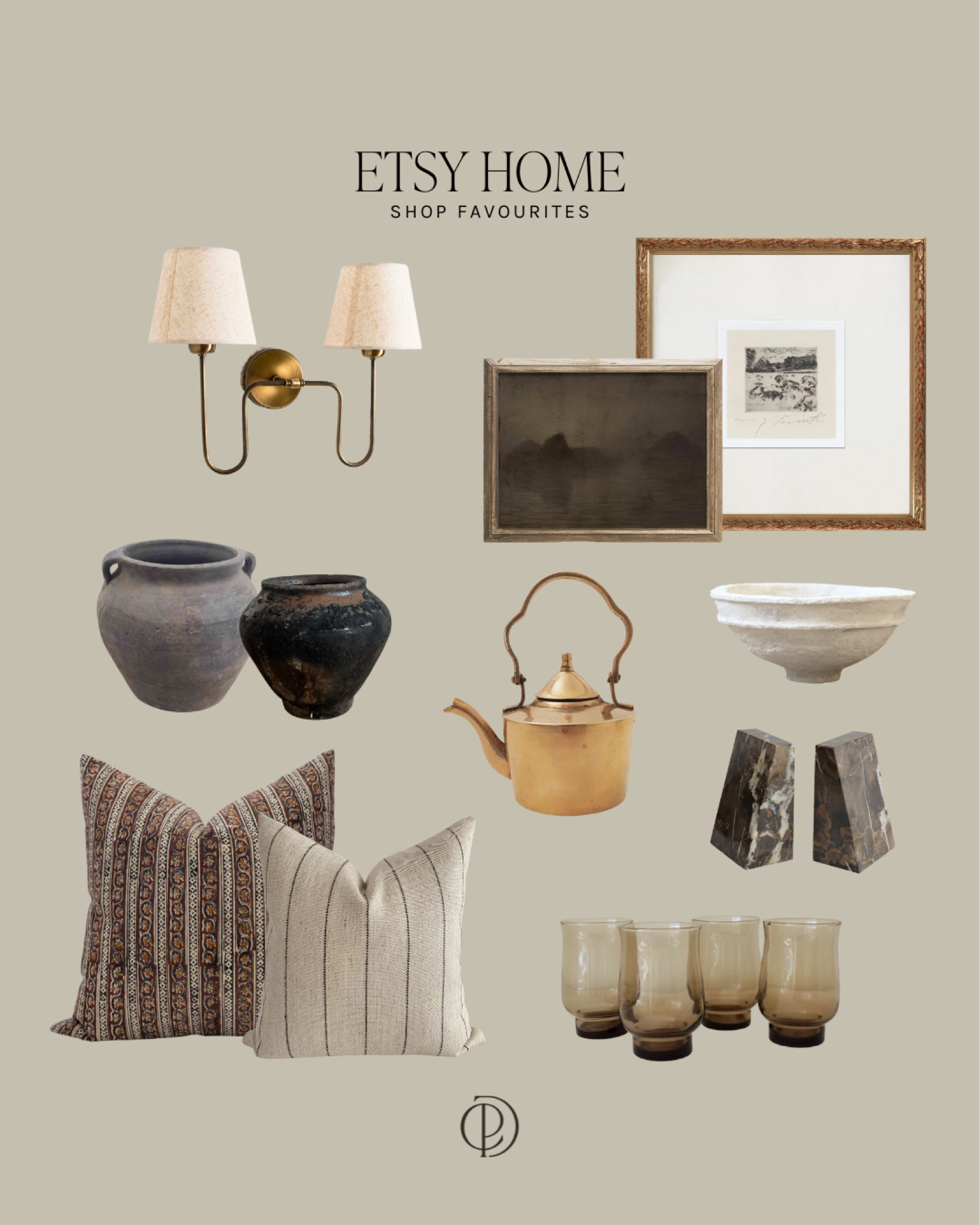 Etsy Home Favourites | Bronze Wall Sconce | Vintage Wall Art | Moody Wall Art | Pottery | Vintage Clay Pots | Paper Maché Bowls | Bronze Teapot | Vintage Tea Kettle | Marble Bookends | Carrara Marble Bookends | Vintage Smoked Glassware | Stemless Glassware | Vintage Pillow Covers | Vintage One-of-a-Kind Cushions | CPD Tailored Homes | 

#LTKcanada #LTKstyletip #LTKcasa