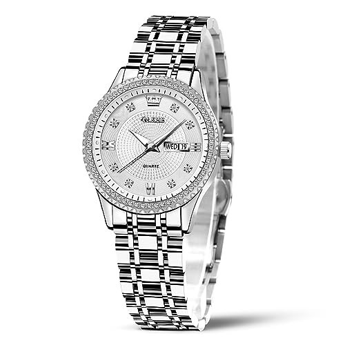 OLEVS Silver Watch for Women Stainless Steel Analog Quartz Womens Watch Small Face Female Ladies Wrists Watches Waterproof Watches for Women Diamond Bezel Day Date Roman Dial Women's Wrist Watches | Amazon (US)