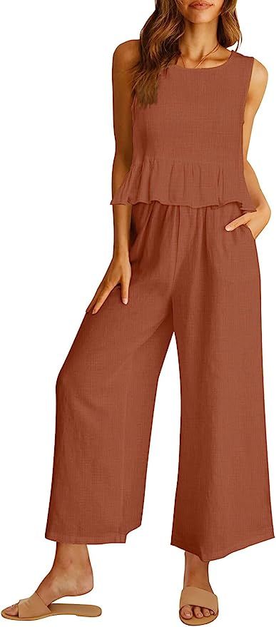 AUTOMET Women's Summer 2 Piece Outfits Linen Crop Tank Top Lounge Matching Sets & Long Pants Trac... | Amazon (US)