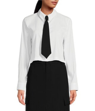 Gianni Bini Sienna Woven Cropped Point Collar Neck Tie Long Sleeve Coordinating Button Down Top |... | Dillard's