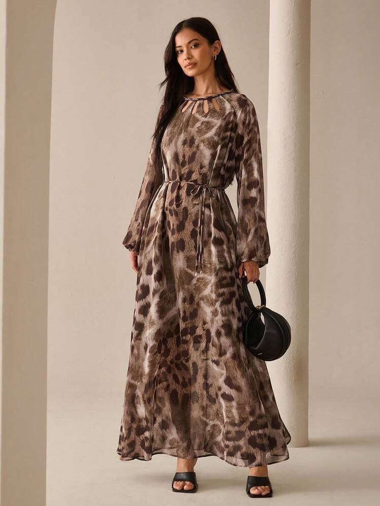 Lilora Women's Handmade Hollowed Leopard Print Long Sleeve Dress Urban Style Leopard Print Long Sleeve Round Neck Long Dress Urban Leisure, Romantic And Elegant, Going Out;Women's Leopard Print Maxi Dress Casual Long Sleeve Keyhole Neckline Cut Out Woven Fabric Dress In Army Green Flowing Flared Hem Perfect For Effortless Style | SHEIN